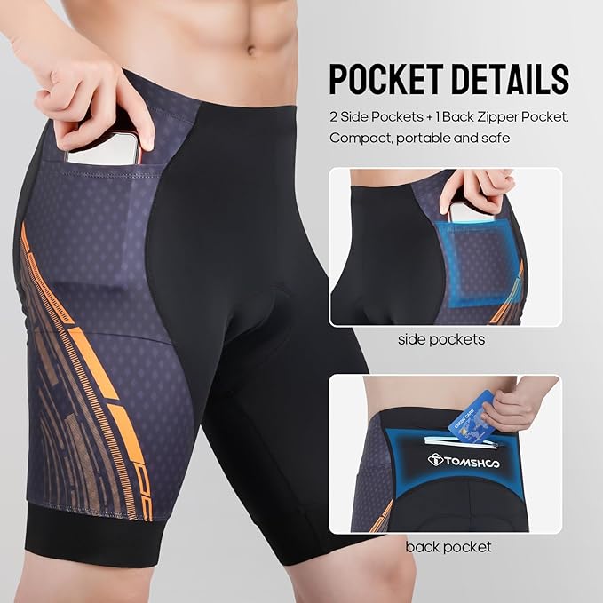 TOMSHOO Cycling Bike Shorts, 4D Padded Bicycle Riding Biker Pants with Multi-Pockets, Reflective Coating, Anti-Slip Leg