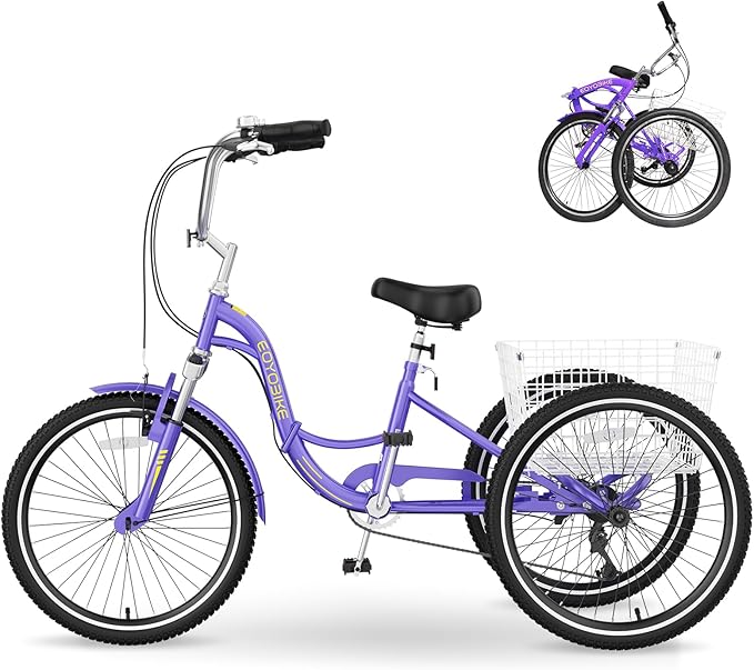 MOPHOTO Adult Folding Tricycle, 7-Speed 3 Wheel Bike for Adults, Seniors, Women & Men, 20/24/26 Inch Low Step-Through Trike with Large Rear Cargo Basket, Adjustable Seat, Space-Saving Cruiser Bicycle