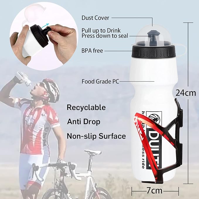 Bike Bottle Holder with BPA-Free 25oz Bike Bottle - Ultralight Plastic Cage for MTB & Roadvehicles