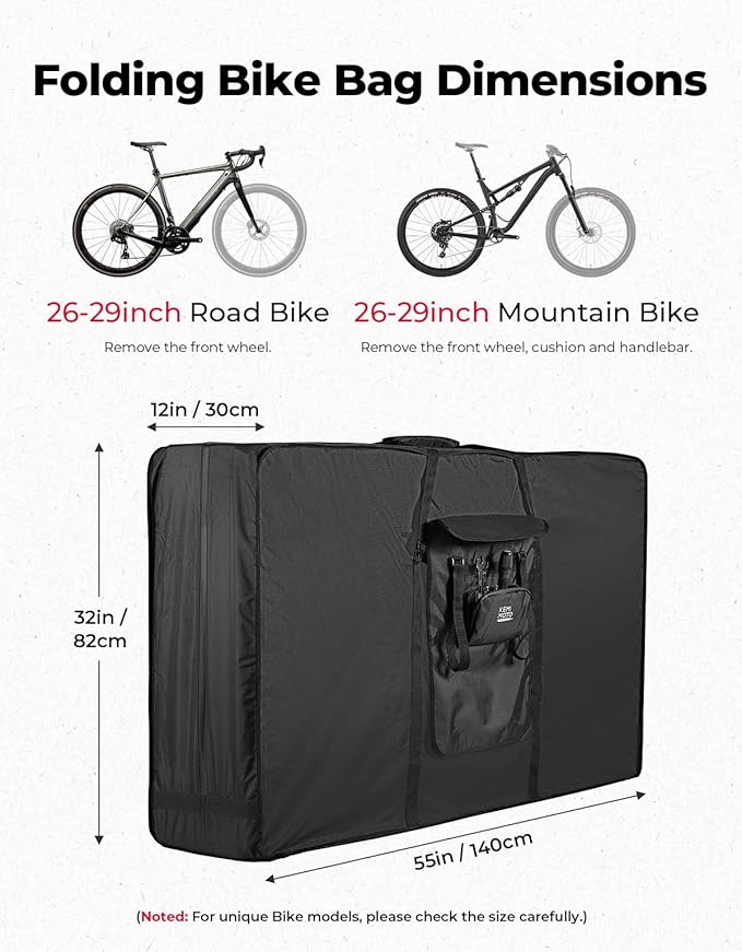 KEMIMOTO Bike Travel Bag, Heavy-Duty 900D Water-Resistant with Fixed Buckles & Interior Compartments, Airplane Bicycle Storage Box Cases Fits 26-29 Inch Mountain, Road E-Bikes (55.9" x 12.6" x 33")