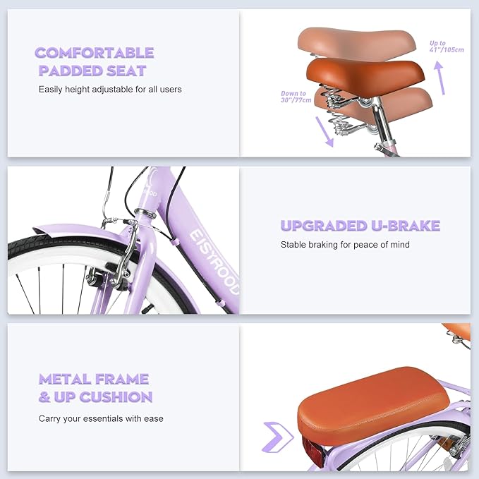 26 Inch Folding Beach Cruiser Bike for Women, 7-Speed Ladies Bike with Basket & Rack, Perfect for City Commuting's Bicycle, Ideal for Women and Adults