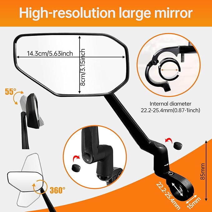 Bike Mirror, New Foldable Bicycle Mirror for Handlebar, 360° Adjustable Bar End Rear View Mirrors for E-bike, Mountain Bike, City Bikes & Scooter (Left 0.87-1")