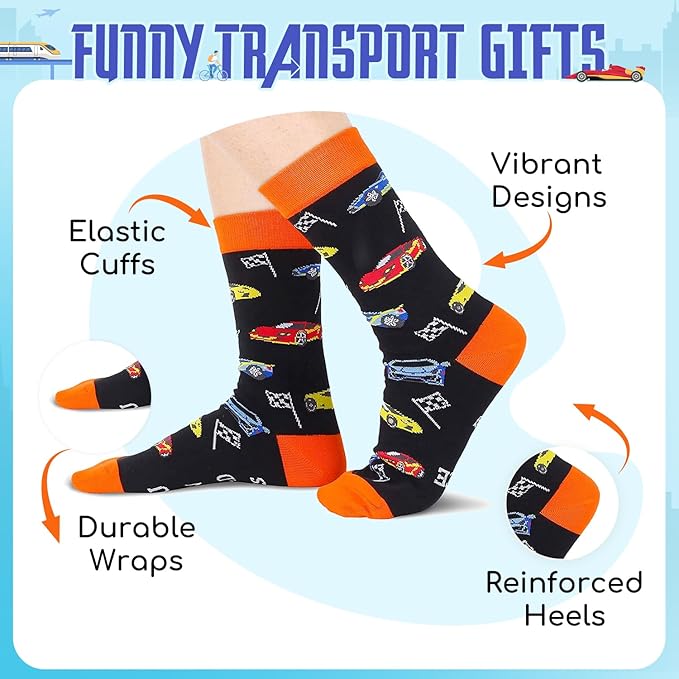 Zmart Transportation Gifts for Men Women - Airplane Cycling Race Car Socks for Adult