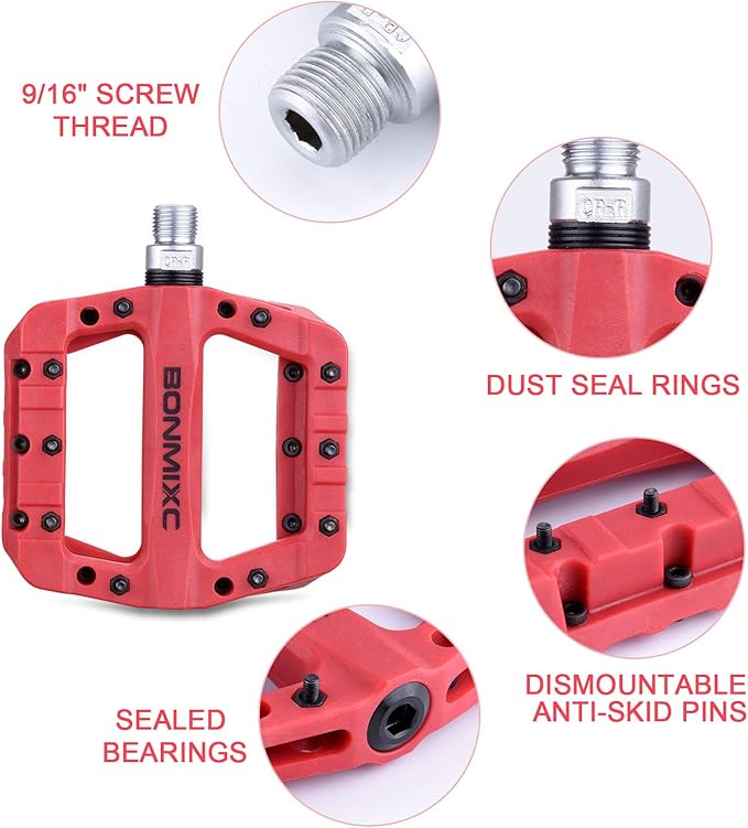 Mountain Bike Pedals Nylon Lightweight MTB Pedals Non-Slip Bicycle Pedals Large Platform Sealed Bearing 9/16” Thread