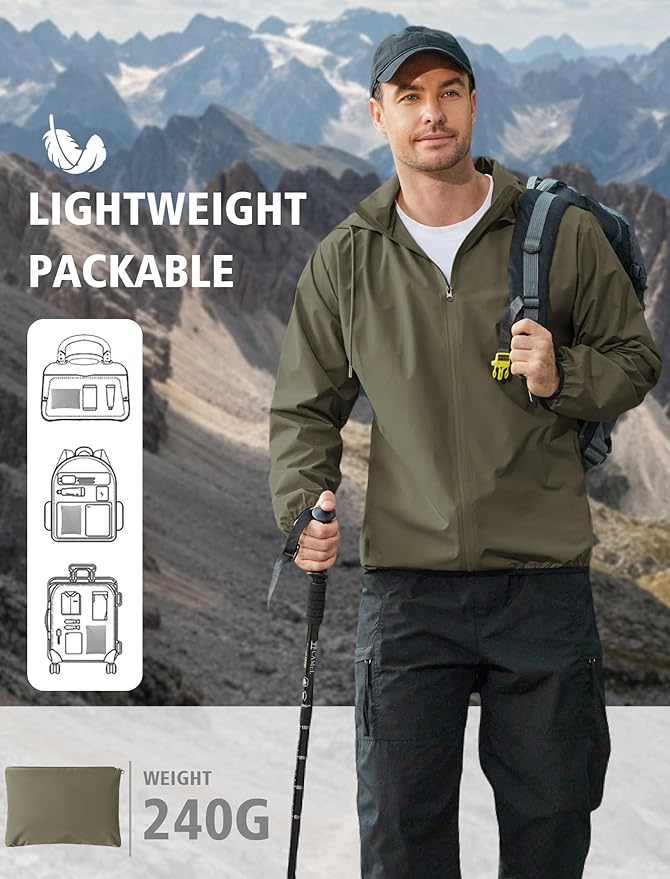 COOFANDY Men's Light Rain Jacket with Hood Packable Waterproof Raincoat Golf Rain Gear Travel Hiking Windbreaker