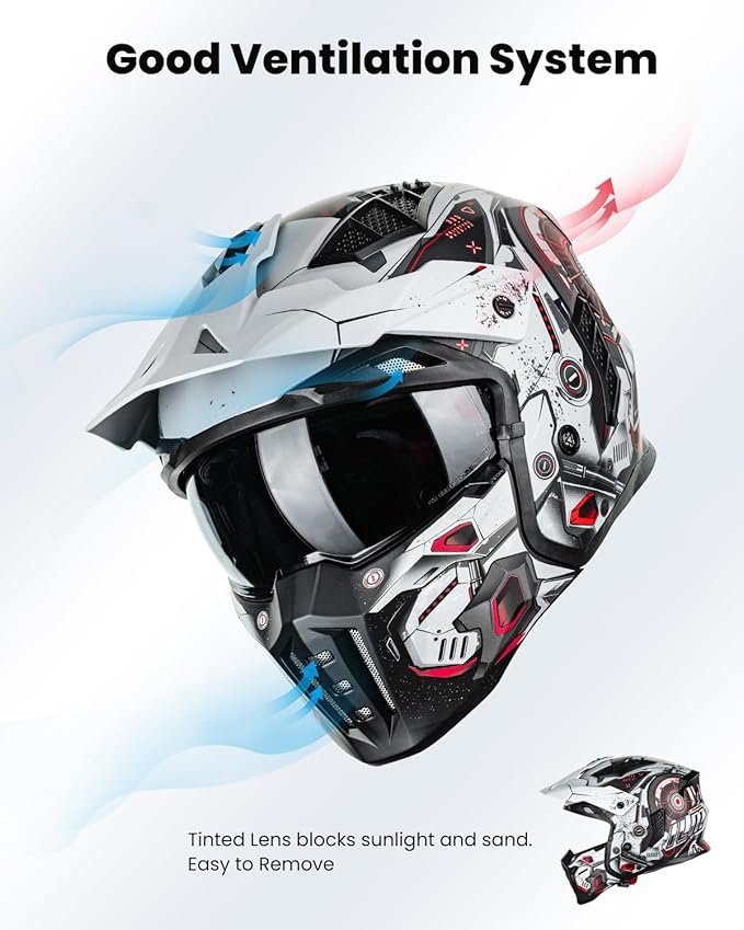 ILM Open Face Motorcycle 3/4 Half Helmet for Men and Women, Vintage Retro Helmet with Visor for Moped ATV Cruiser Scooter DOT Model Z302(Red Mecha,XX-Large)