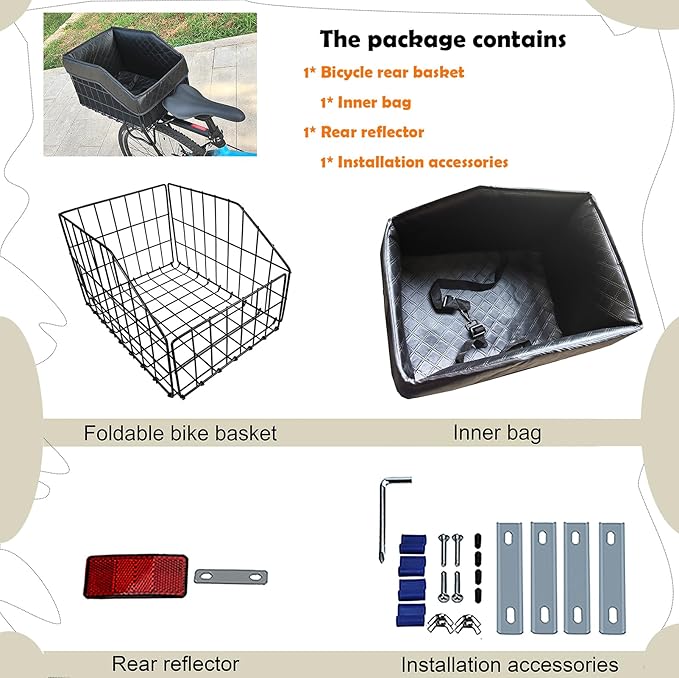 THALOUS Large Bike Rear Basket Thickened Folding Bicycle Basket with Leather Liner Bag Waterproof Cover Cargo Net Quick Release