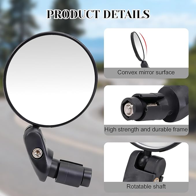 2PCS Bike Mirror, 360° Adjustable Bar End Bicycle Mirror with 2PCS Reflective Bands for Safe Cycling, Handlebar Mount Rearview Mirror with Allen Wrench for Mountain Road E-Bike