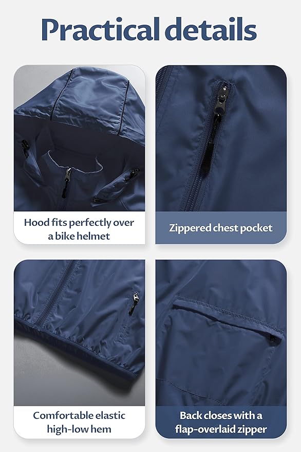 CREATMO US Men's Packable Waterproof Running Rain Coats Reflective Cycling Jacket Windbreaker With Removable Hood
