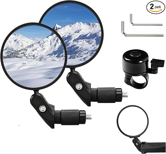 2 Pair Bike Mirror With Bike Bell 360° Adjustable HD Convex Bike Mirror Handlebar For Mount Mountain Road Bikes Motorcycle (2* Large Mirror + 1* Bell)