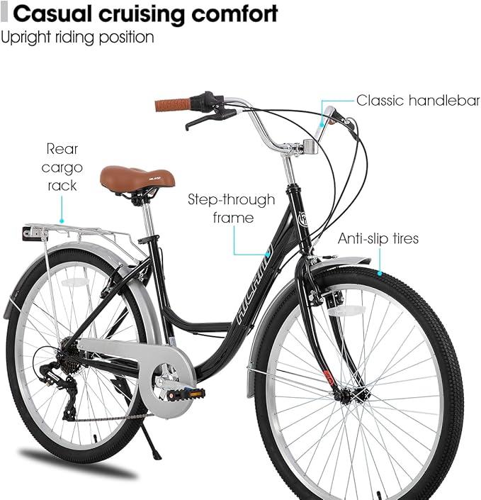 HILAND 26 Inch Hybrid Bike for Adult Women Female, 7-Speed, Lightweight Step Through Hi-Ten Steel Frame City Commuter Comfort Lady Bicycle, Beach Cruiser Bike, Multiple Colors