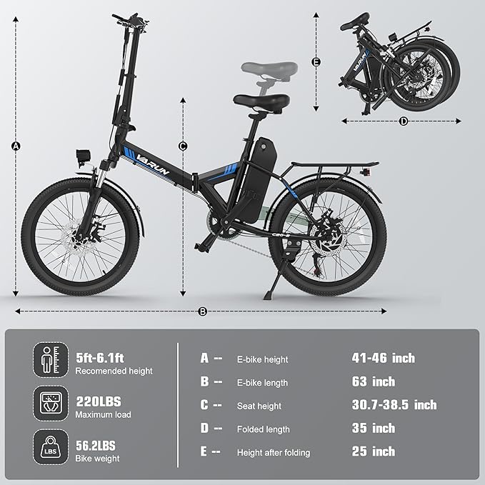 VARUN Electric Bike - Peak 500W Folding Ebike for Adults, 36V Removable Lithium Battery, 20" Foldable Electric Bicycle Up to 40 Miles 20MPH, Compact Commuter E-Bike for Women & Men