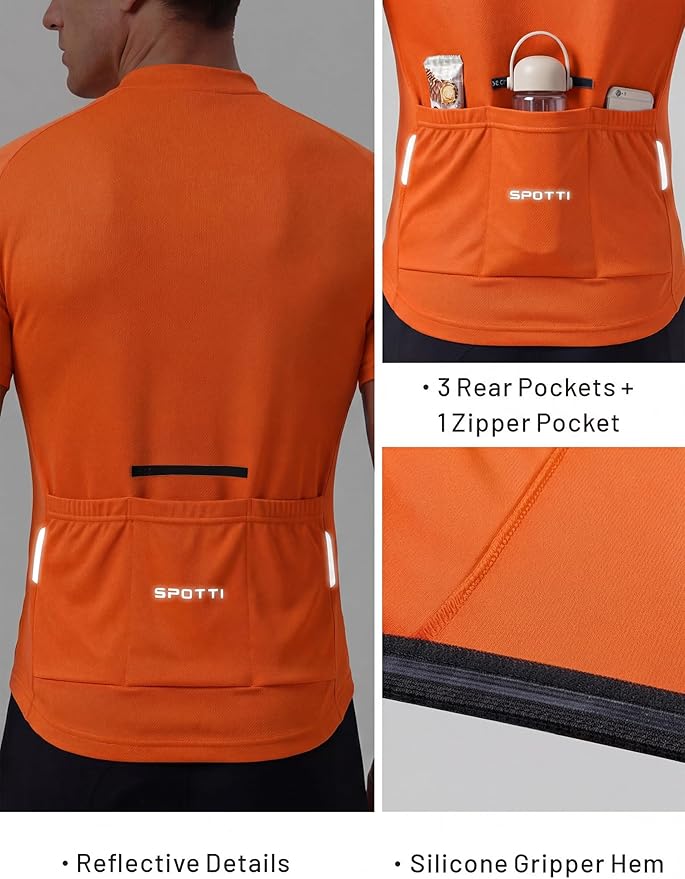 Spotti Men's Cycling Bike Jersey Short Sleeve with 3 Rear Pockets- Moisture Wicking, Breathable, Quick Dry Biking Shirt