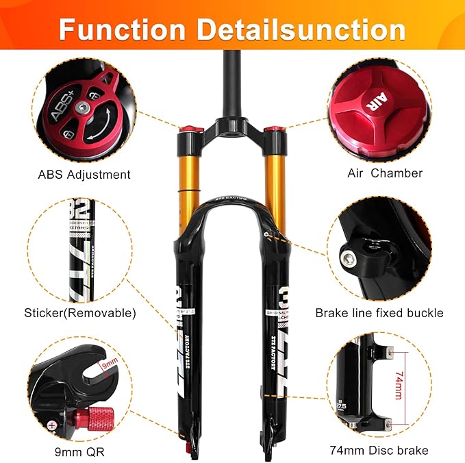ZTZ 26/27.5/29 inch MTB Air Suspension Fork,120mm Travel, Rebound Adjustment,1 1/8 Straight Tube, QR 9mm*100mm, Manual/Remote Lockout, Ultralight Front Fork for XC/AM Mountain Bike