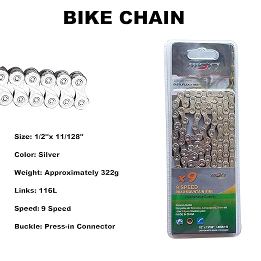 9 Speed Bike Chain, Bicycle Racing Chain 1/2 x 11/128 Inch for Road Mountain Cycling BMX 116 Links