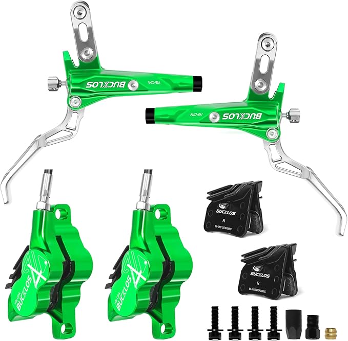 BUCKLOS MTB Hydraulic Disc Brake Set 4 Pistons Front 850mm and Rear 1550mm Hydraulic Brakes with Aluminum Alloy Lever with Caliper Ceramic Brake Pad Fit Mountain Bike,Ebike,Fat Bike HB-CP4 (Pre-Bled)