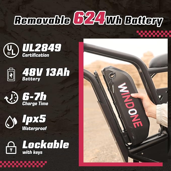 Windone E2 Electric Bike for Adults, Full Suspension, 48V13Ah Removable Battery, Up to 28MPH & 46.6 Miles (PAS), 1000W Ebike with All-Terrain 4.0" Fat Tires, Cruise Control, UL Certified, Moped E-Bike
