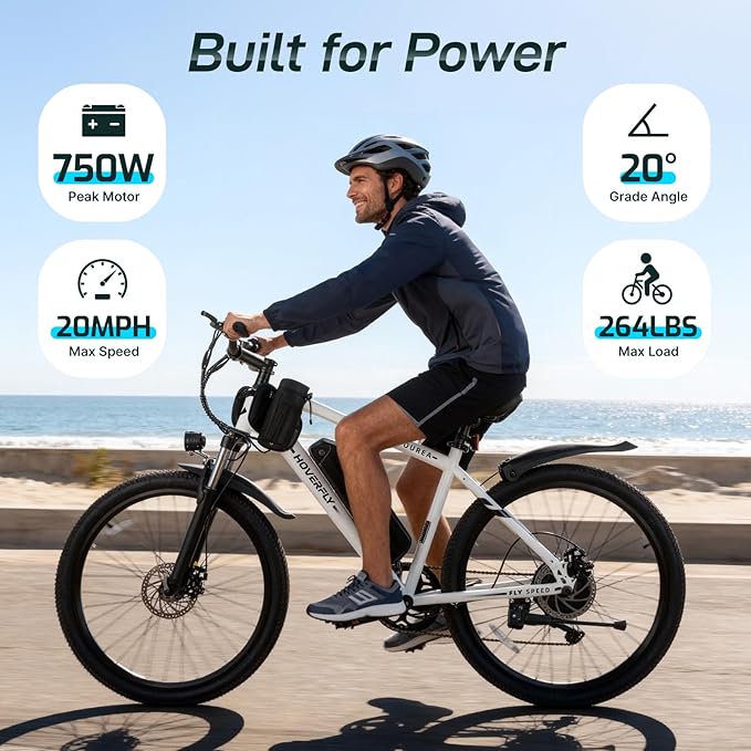 HOVERFLY OUREA 26" Electric Bike for Adults, 750W Peak Motor Mountain Ebike, 20MPH Up to 40 Miles, UL2849 Certified, 7-Speed, Removable Battery, Shock Absorber, Fat Tire Commuter E-Bike