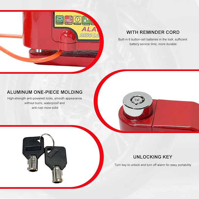 Alarm Disc Lock Set, 110dB Alarm Sound Anti-Theft Security Brake Padlock with 5ft Reminder Cable, Waterproof Battery Powered Disc Brake Lock for Motorcycle Bicycle Scooter (Red)