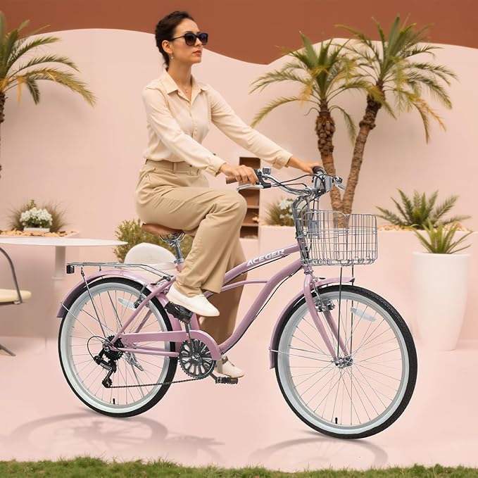 ACEGER 24 26 Inch Women Beach Cruiser Bike, Single Speed and 7 Speed, Adult Hybrid Bike Commuter Bicycle, Hi-Ten Steel Frame with Adjustable Handlebar and Saddle, Multiple Colors