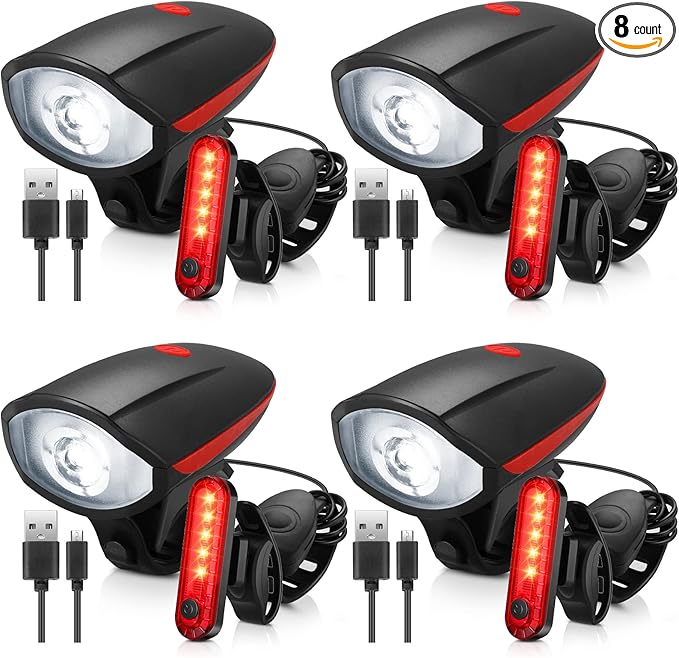 Hanaive 4 Sets Bright LED Bike Light Set USB Rechargeable Bicycle Front Headlight Back Taillight Waterproof Bicycle Light Cycling Accessories for Men Women Night Road Mountain Riding