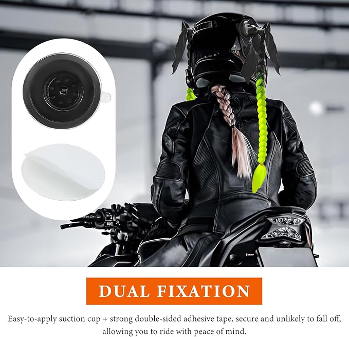 2PCS Helmet Pigtail Braids, Motorcycle Helmet Ponytail with Suction Cup, Bowknot Pigtails for Bicycle Helmet Decoration (Black-Fluorescent Green)