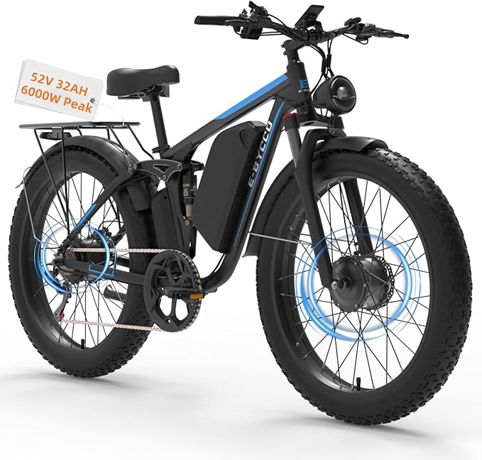 6000W Electric Bike for Adults, 52V 32AH Dual Motor E-Bike, Up to 100Mile & 45MPH All-Terrain Fat Tires Full Suspension 24/26 Inch Electric Bicycles Hydraulic Disc Brake for Road UL2849 by SGS