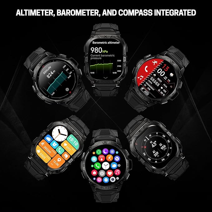 CARBINOX Blaze Smart Watch with GPS – Rugged Fitness Trackers, IP69K Waterproof, 170+ Sports Modes, Gorilla Glass, Make/Receive Calls, Android & iOS Compatible (Round Ultimate Pack)