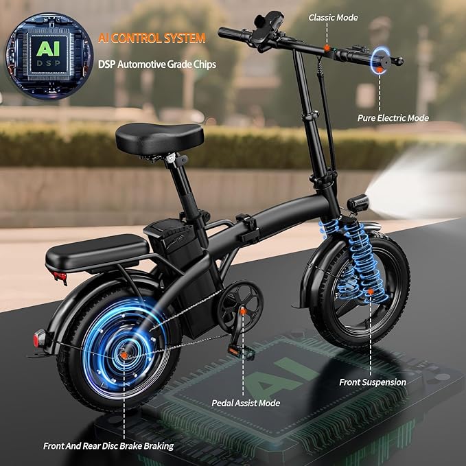 Folding Electric Bike for Adults Teens, Top Range 35Miles Pedal-Assist | 500W Peak 23Mph Speed E-Bike | 48V12Ah Battery | 14" Commuter Electric Bicycles | Mini Ebike with Phone Holder | UL Certified