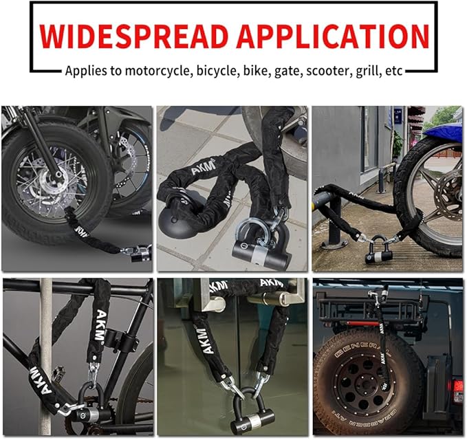 AKM Motorcycle Lock 10ft/300cmx10mm Thick Anti-Theft Heavy Duty Chain Locks with 4 Keys Security 16mm U Lock Disc Lock,Super Long Durable Bike Chain Lock for Motorcycles,Containers,Trailers