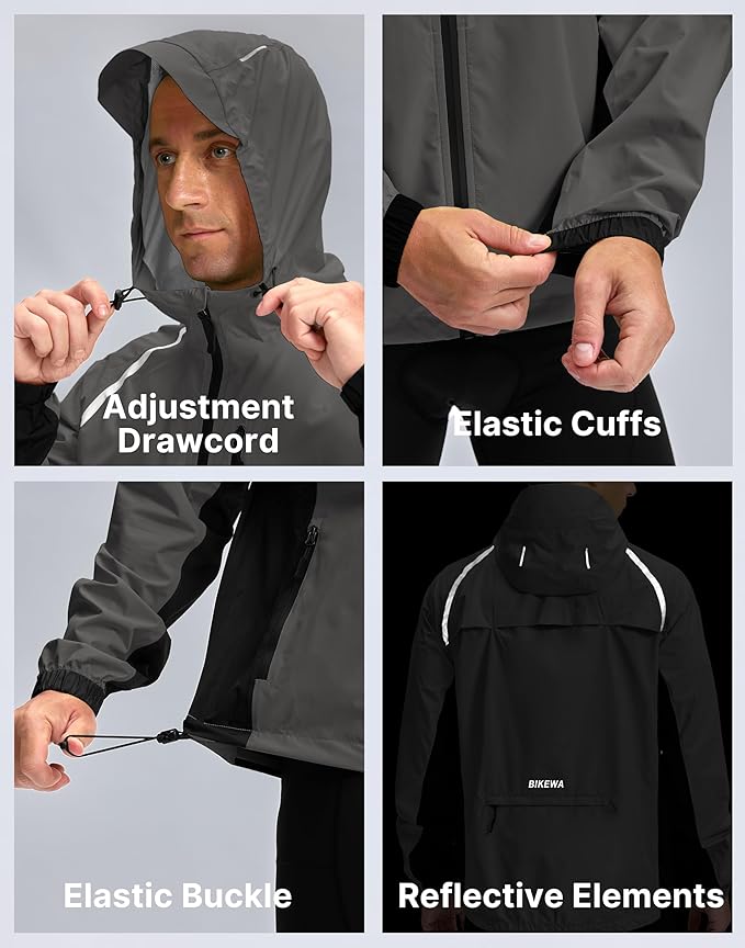 Bikewa Men's Cycling Rain Jackets Waterproof Running Bike Windbreaker Lightweight Packable Hooded Jacket