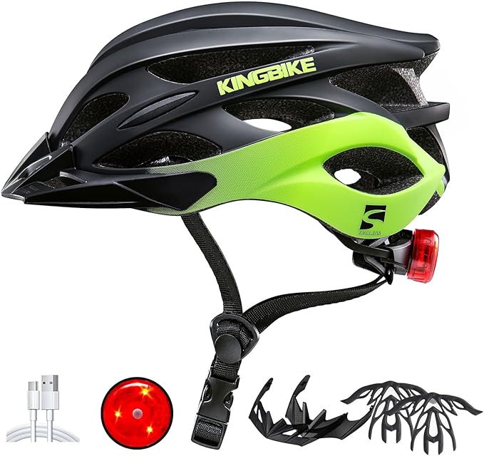 KINGBIKE Bike Helmet for Adult Men Women Youth Road Commute Mountain Cycling Helmets with USB Rechargeable Light Replaceable Padding and Visors Lightweight 20.4-23.6in