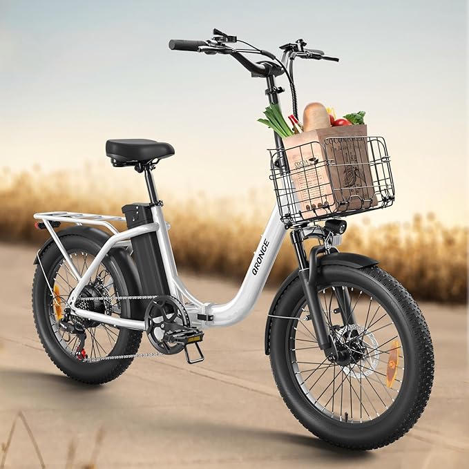 Electric Bike, 1000W Peak Folding Electric Bike, 486Wh 70 Miles Range Ebike, Waterproof Removable Battery, 7 Speed, 25 MPH Max, 20" Step-Thru Bicycle with Front Basket