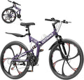 26 Inch Folding Mountain Bike, 21 Speed Full Suspension Bicycle Dual Disc Brake Non-Slip Quick Release tire for Adults Men Women(Balck/Pink/Green/Orange/White/Purple)
