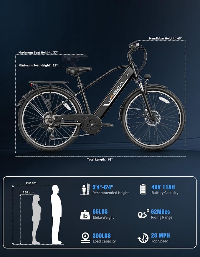 Jasion Roamer/ST/YC1 Electric Bike for Adults, 26" Commuter Ebike 1200W 528WH Removable Battery, 28MPH 62miles, Electric Bicycles for Women/Man, UL2849 Certified