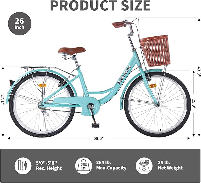 24/26 Inch Adult Comfort Bike for Women, Women Commuter Bicycle Single Speed with Rear Rack and Basket, Comfortable City Bikes Ergonomic Upright Design for Women, Men and Teens