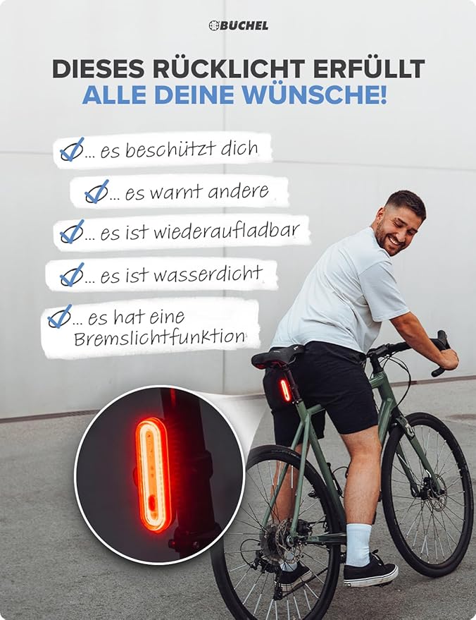 Büchel COB Bike Tail Light - Brake Sensing Technology - Ultra Bright Bike Rear Light LED -and Tool-Free Mounting I Rechargeable and Long-Lasting Rear Bike Light - Bicycle Lights for Night Riding