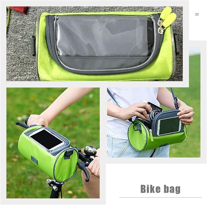 Bike Handlebar Cylinder Pouch Waterproof Front Frame Cellphone Bag with Touchscreen for Mountain Bikes, Portable Cycling Storage in Green