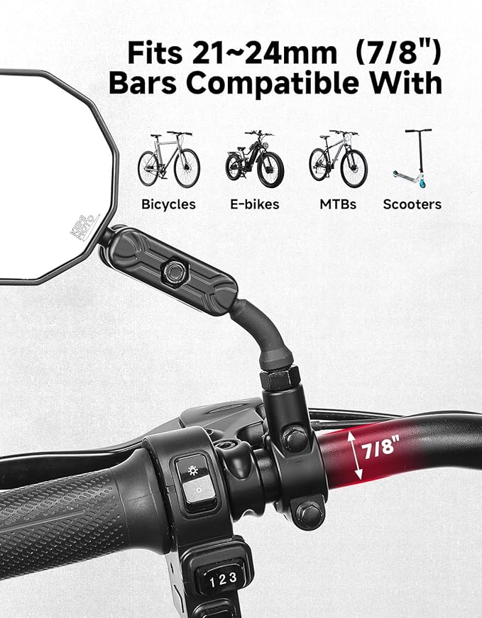 KEMIMOTO Bike Mirror Handlebar Mount 2pcs, Aluminum 360° Adjustable Foldable Rear View Mirror, Silicone-Enhanced Ball Joint – Extra Stability Mountain Bikes, E-Bikes, Scooters & Cycling Accessories