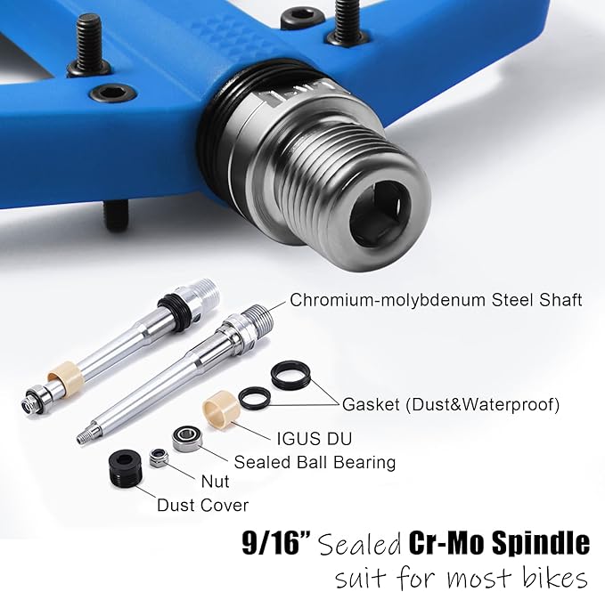 MTB Pedals Large Mountain Bike Pedals, Lightweight Nylon Fiber Composite Bicycle Platform Pedals, Grippy Pedals w 18 Pins, Cr-Mo Spindle fit w 2 Bearings, Clipless Pedals for BMX MTB Bike 9/16"