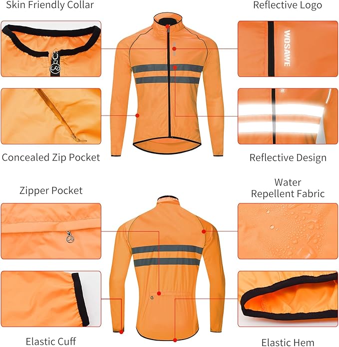 WOSAWE Men's High Visibility Cycling Wind Jacket Water Resistance Reflective Windbreaker
