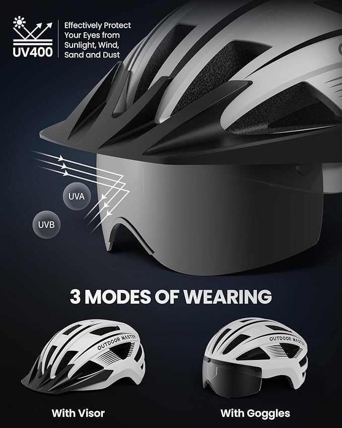 OutdoorMaster Adult Bike Helmet - Bicycle Helmet with Rechargeable Rear LED Light, Detachable Magnetic Goggles, Removable Sun Visor - Suitable for Commuting and Cycling for Men and Women