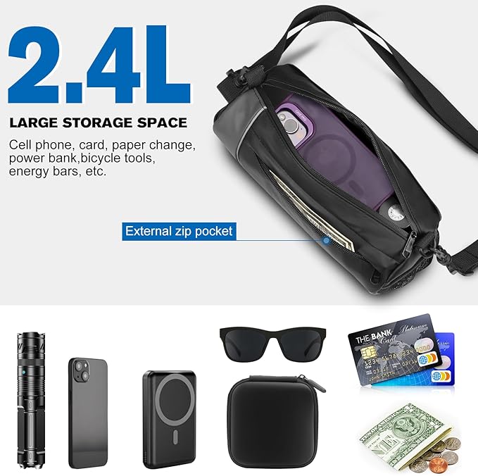 FINPAC Bike Handlebar Bag, Waterproof Bicycle Front Frame Storage Pouch for Cycling, Detachable Shoulder Strap, Mountain Road Bike Bag Bicycle Accessories, Black with reflective strips