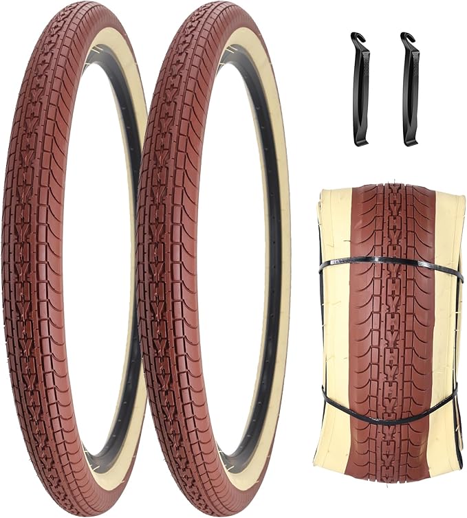 SIMEIQI 26x2.35 20x2.35 Inch Cruiser Beach Bike Tire Black White Wall or Brown Cream Wall Folding Replacement Bicycle Tire for Hybrid City Commuter Trail