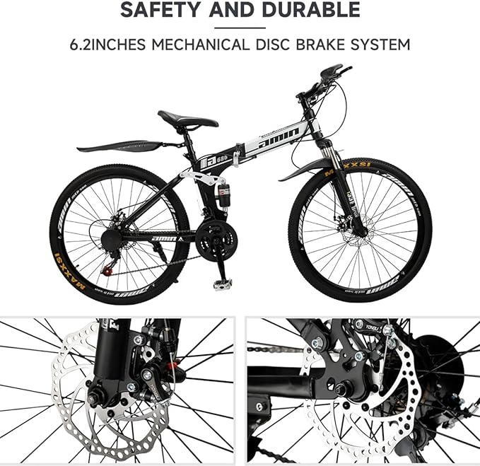 Bruce & Shark 26" Folding Mountain Bike for Men, 21 Speeds Full Suspension Commuter Bicycle, High Carbon Steel & Disc Brakes, Portable City Outdoor Bike for Adult Youth Teen