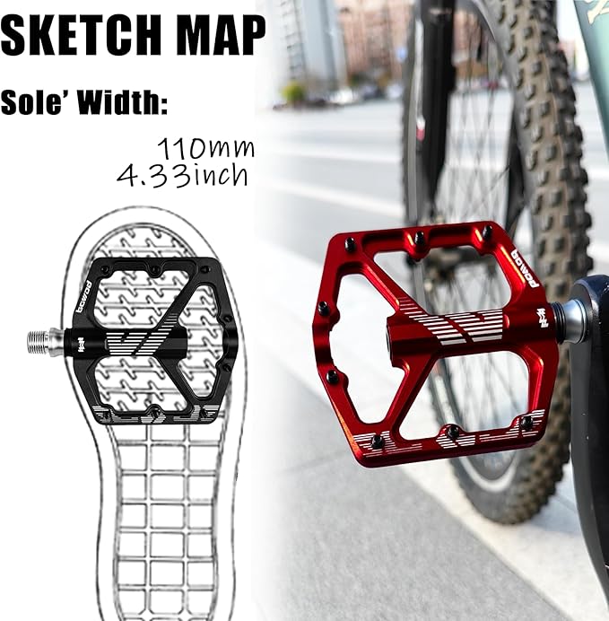 MTB Pedals Flat, Gravel Bike Pedals Flat, Light CNC Aluminum Alloy Platform Pedal w 3 Bearings Cr-Mo Spindle, Grippy Bicycle Pedals w 16pcs Pins, Mountain Bike Pedals Adult Child BMX Bike 9/16"