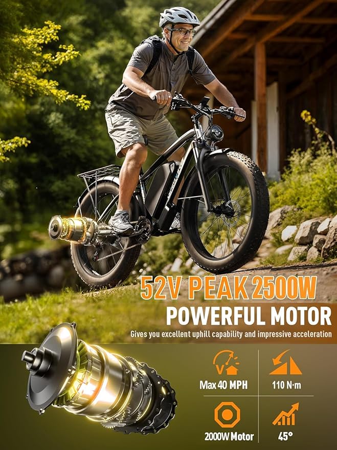 Ebike for Adults Electric, 52V 19.2Ah/32Ah, Peak 2000W/2500W E-Bike, 36/40MPH, 70 Miles/100Miles, Hydraulic Disc Brake, Off Road Snow Mountain E-Bike, 24"/26" Fat Tire Electric Bicycle UL2849 by SGS