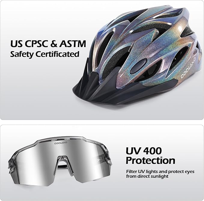 Odoland Adult Bike Helmet and Cycling Sunglasses Set for Men & Women, Safety Certified Bicycle Helmet with UV Protection Glasses for Mountain, Skating, Road, City Commuting & Outdoor Riding