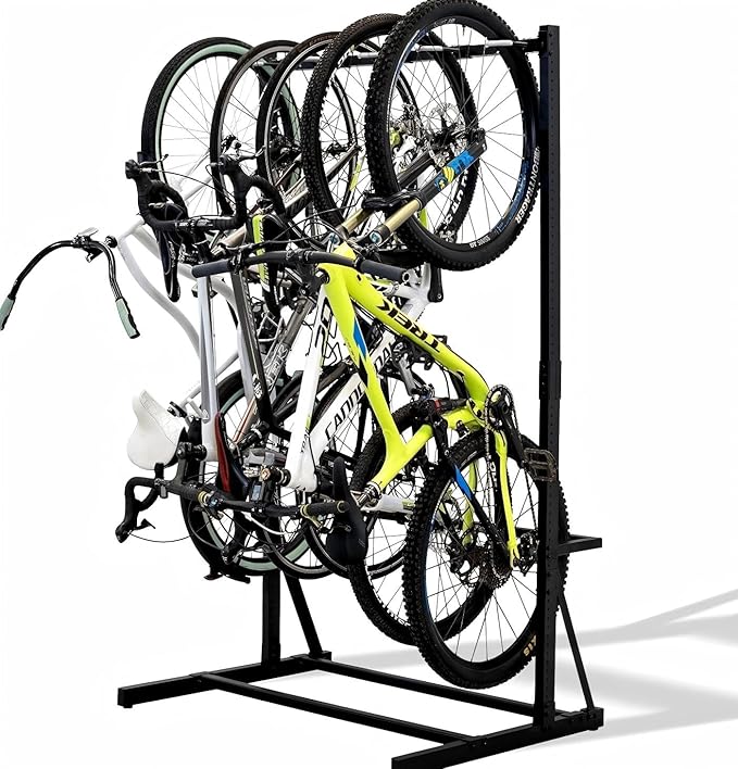 PeakPursuit Freestanding Bike Storage Rack for 5 Bikes, Heavy Duty 300LBS Vertical Bike Stand, Adjustable Height, Space Saving, Indoor/Outdoor Vertical Garage Bicycle Organizer