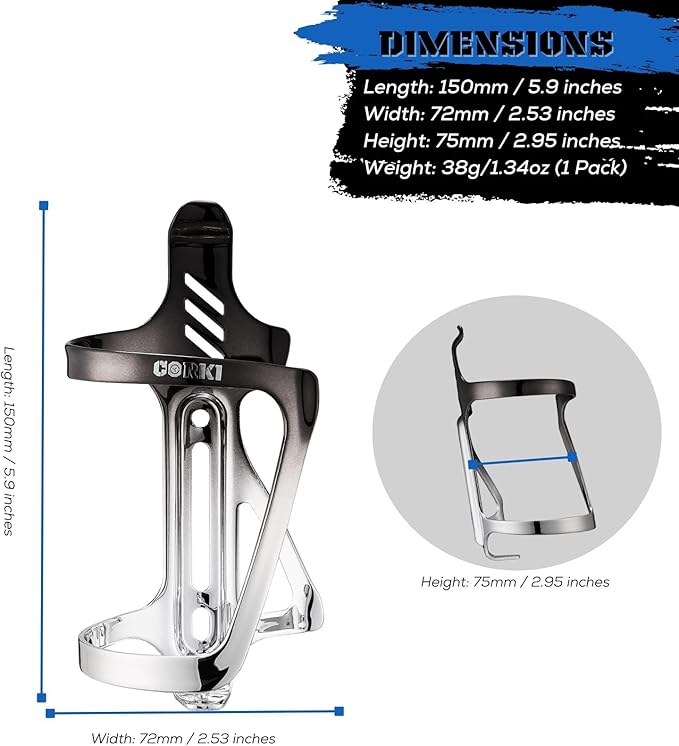Corki Cycles Bike Water Bottle Cage Aluminum Alloy Side Load Bicycle Water Bottle Cage, Right Entry Bike Water Bottle Holder for Road & Mountain Bikes- 2Pack - Black & Silver